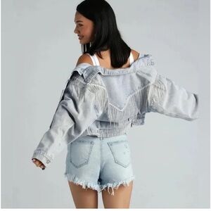 Windsor Light Wash Cropped Denim Jacket W/ Rhinestone Fringe Women's Size S